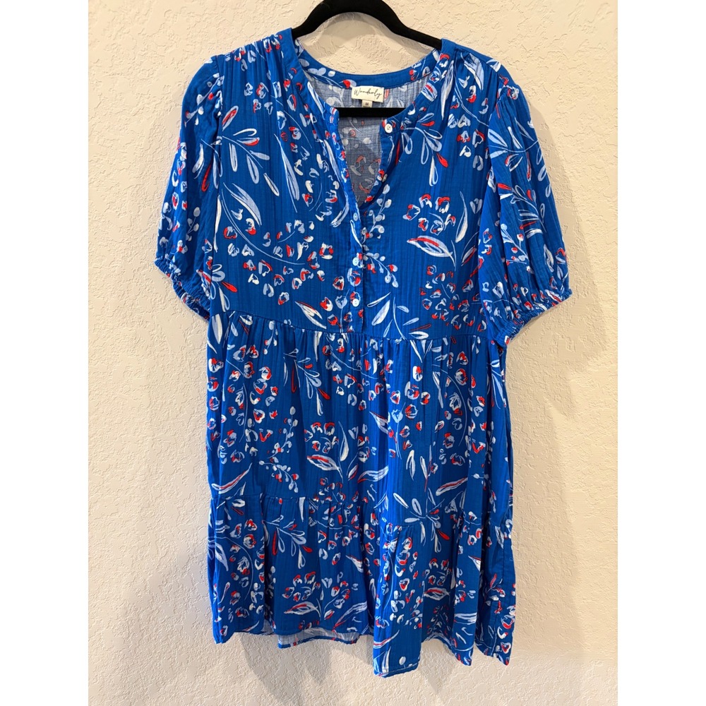 Wonderly oversized Floral Cotton Gauze Tiered Babydoll Mini Dress Pockets Sz M
